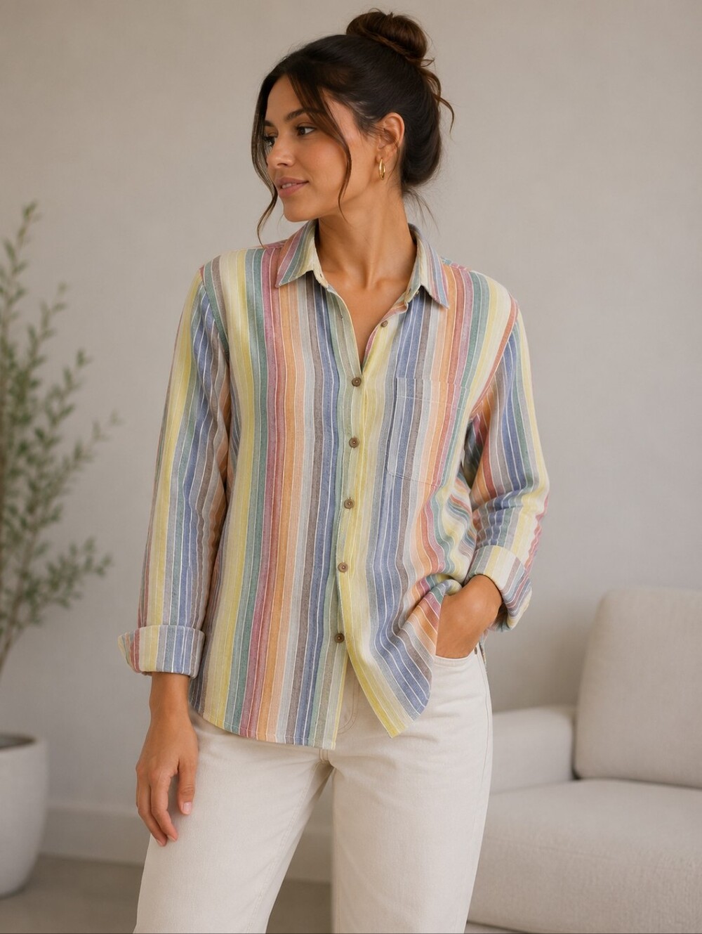 Serengeti Multicolor Striped Shirt — Green, Red, Orange, Pink Size L 100% Cotton